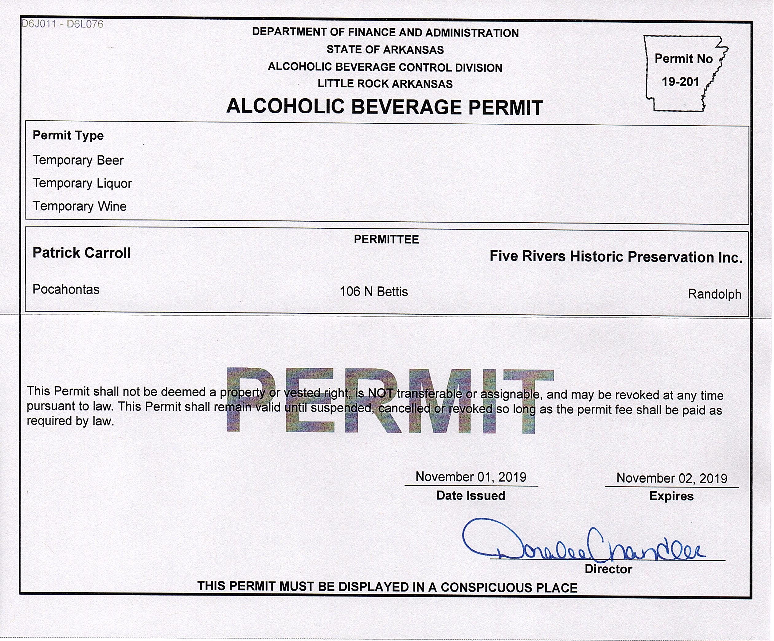 Alcohol Permit Randolph County Tourism Association 6711